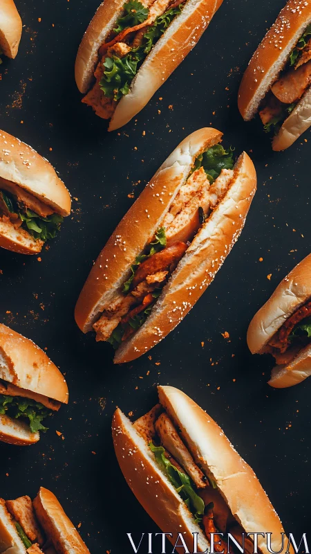 Grilled chicken sandwiches arranged diagonally on dark surface