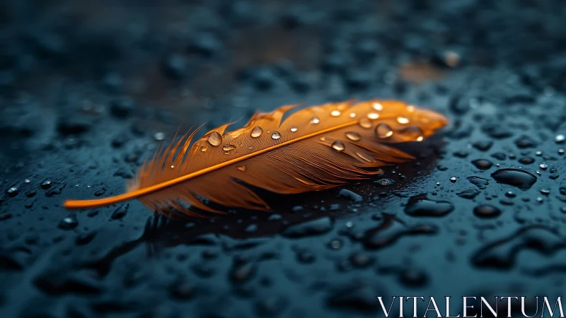 Orange feather rests on wet dark surface after gentle rain