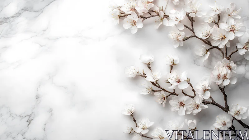 Minimalist cherry blossom branches on white marble background.