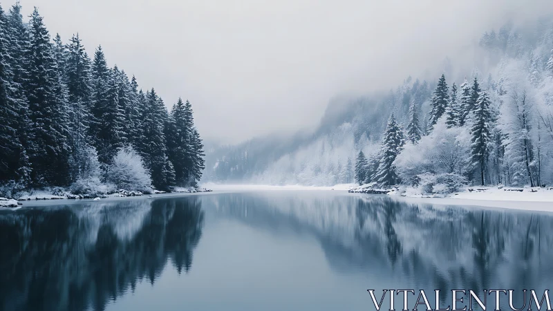Symmetrical winter lake reflection with dense snow‑laden conifer forest
