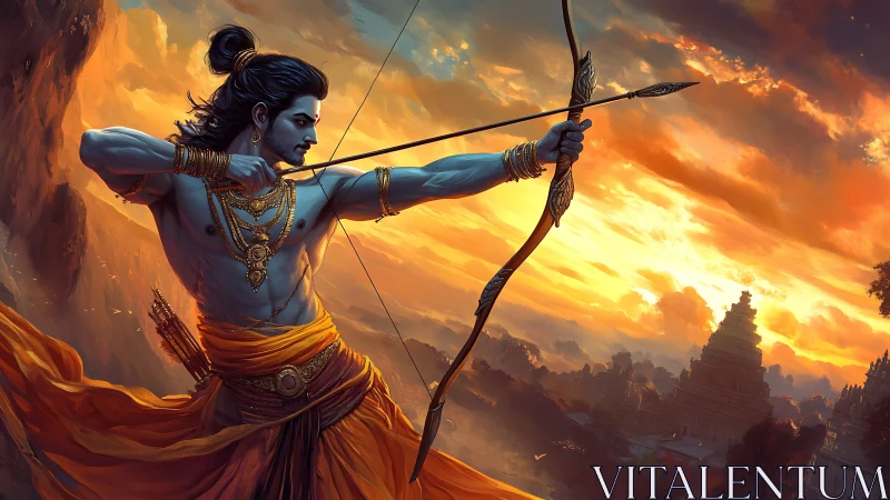 Mythic archer figure aiming bow over sunset landscape.