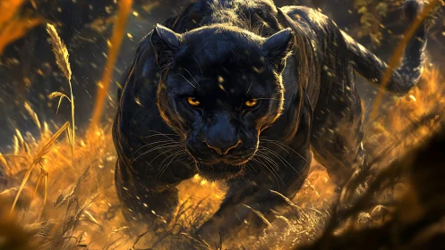Black Panther Stalking Through Golden Grassland.