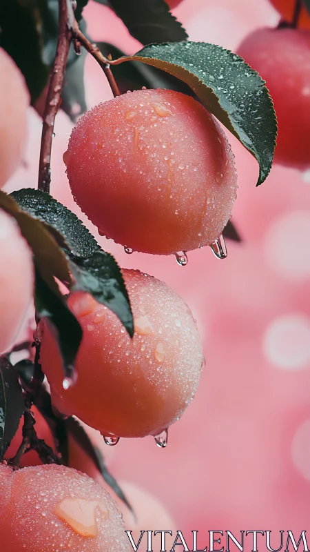 Dewy ripe peaches hang from branch against soft pink bokeh.