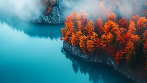 Misty turquoise lake embraces a glowing autumn forest