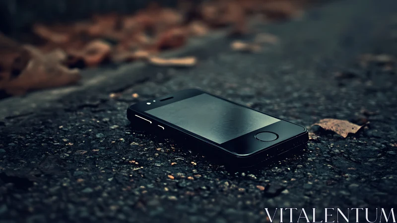 Abandoned Smartphone on Urban Pavement. Dark Tones.