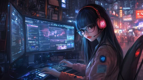 Cyberpunk gamer girl coding at multi-monitor desk at night.