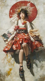 Sun-faded parasol girl drifting in painted silence.