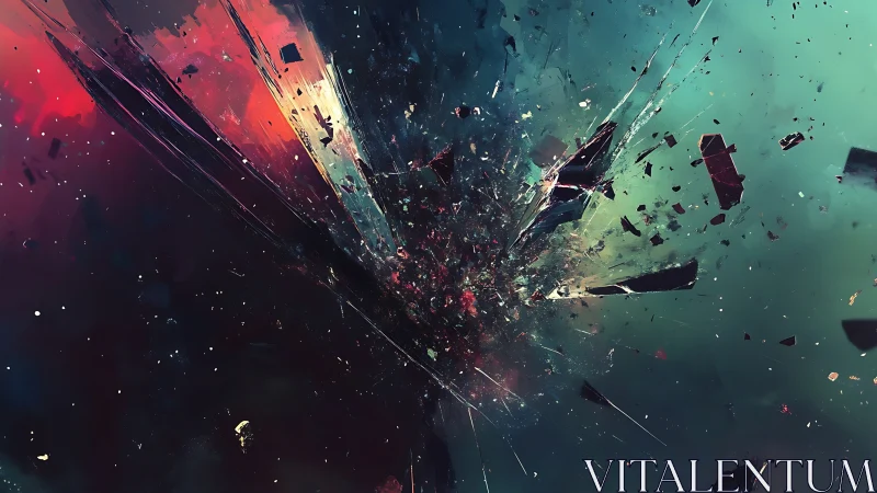 High-velocity abstract shatter plume in deep teal gradient field