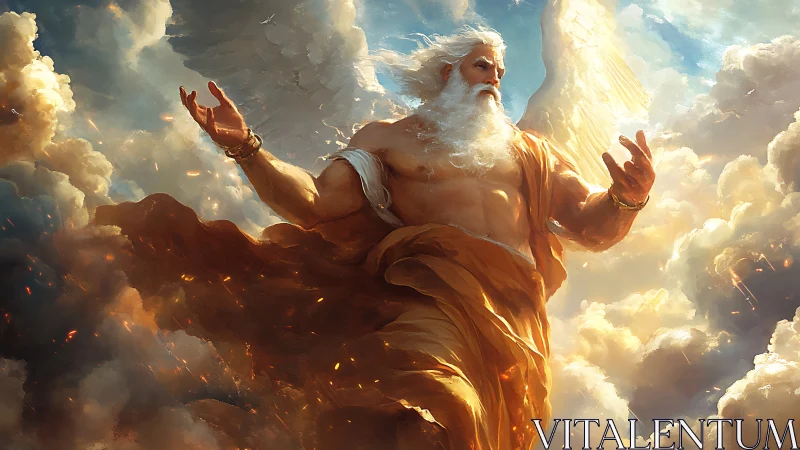 Winged bearded figure ascends through sunlit turbulent clouds