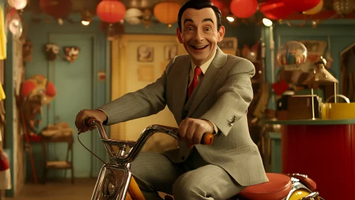 Grinning suit-clad rider cruises a nostalgic toy shopscape.