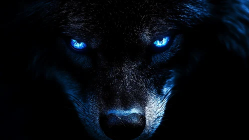 Luminous blue eyed wolf emerges from deep shadowed darkness