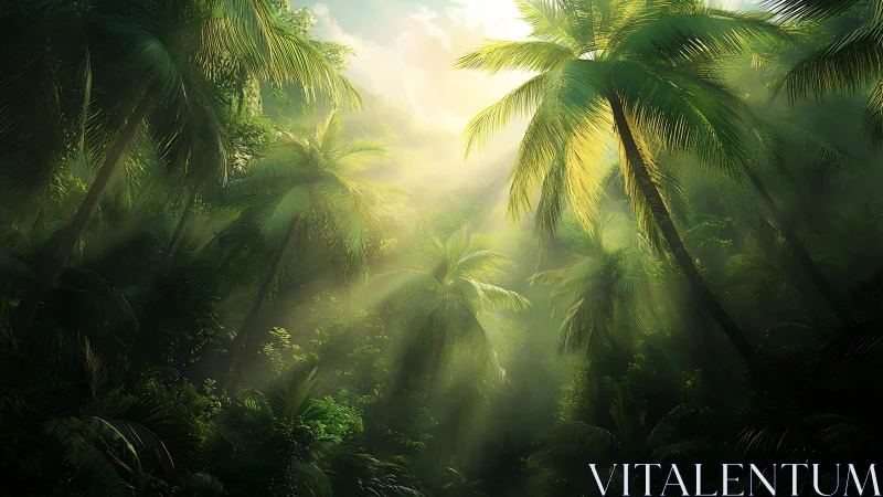 Misty Tropical Haven Where Golden Light Dances Through Palm Trees