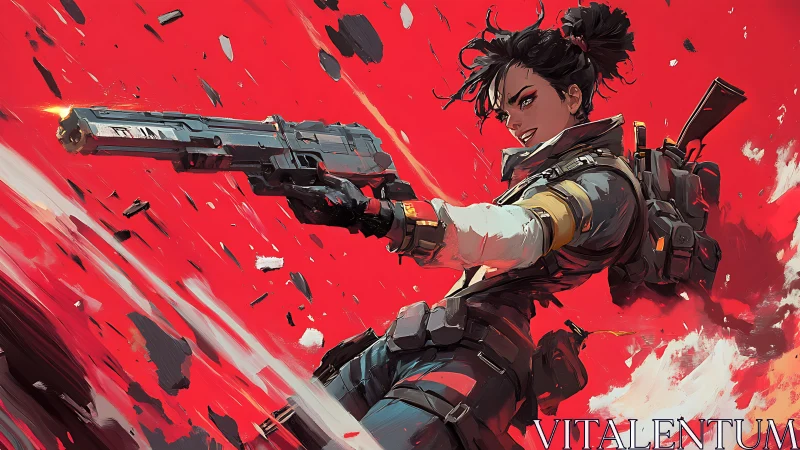 Armed female soldier firing pistol in red combat scene.