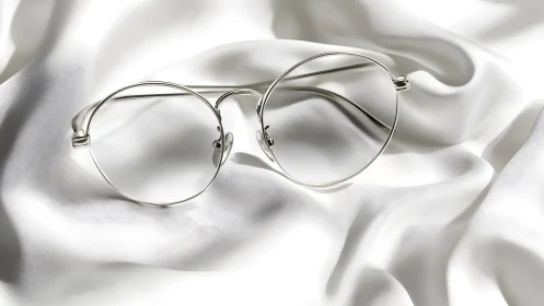Minimalist round silver eyeglasses on smooth white silk fabric.