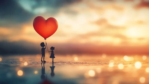 Children holding heart-shaped balloon at golden sunset beach.
