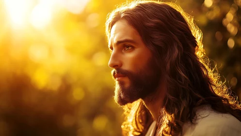 Side profile of long-haired bearded man in warm sunlight