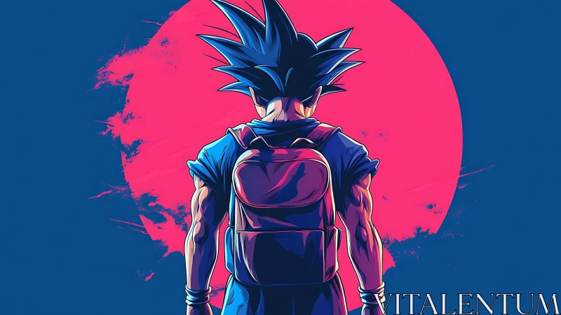 Backpack hero under neon moon, pausing before adventure.