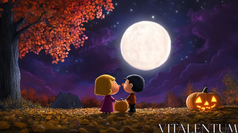 Autumn Romance Under Harvest Moon: Animated Characters Sharing Tender Moment.