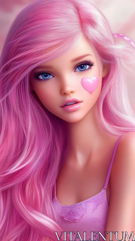 High-detail pink-haired girl portrait with glossy heart cheek decal