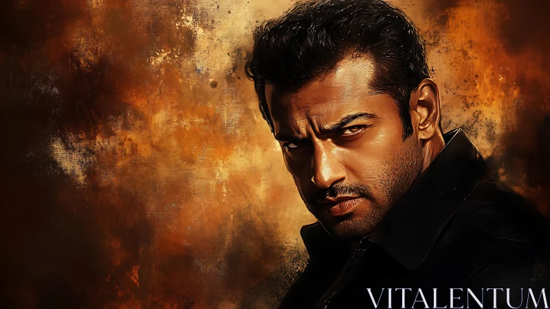 Intense male portrait against textured fiery backdrop.