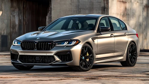 Silver BMW sports sedan parked in industrial concrete yard.