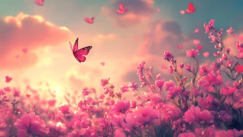 Pink butterfly over glowing floral field at sunset.