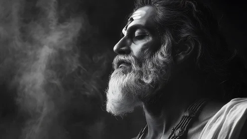 Profile portrait of elderly bearded man in smoke-filled space.