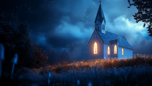 Nocturnal chapel rendered in luminous cinematic digital painting