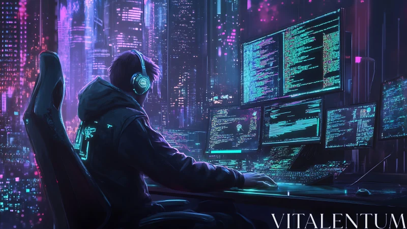 Neon-lit cyber hacker at multi-screen rig in dense megacity.