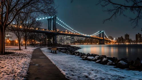 Snowy riverside park glows beneath a winter city bridge