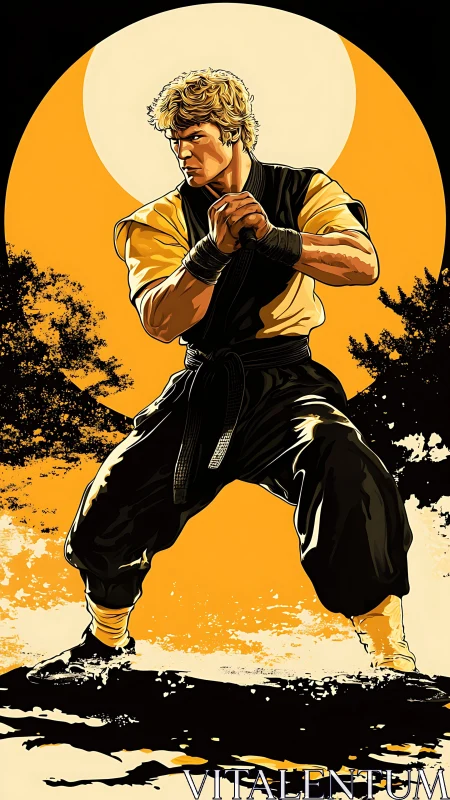Martial artist in fighting stance against bold sun backdrop.