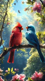 Colorful songbird pair resting in a dreamy spring garden.