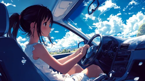 Girl drives compact car under bright summer sky