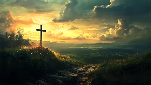 Wooden hillside cross under dramatic sunset sky over valley.