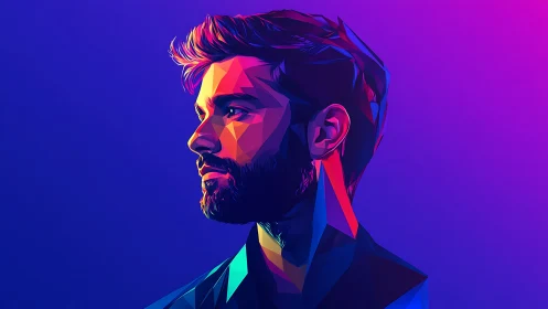 Polygonal neon male portrait in vibrant gradient lighting.