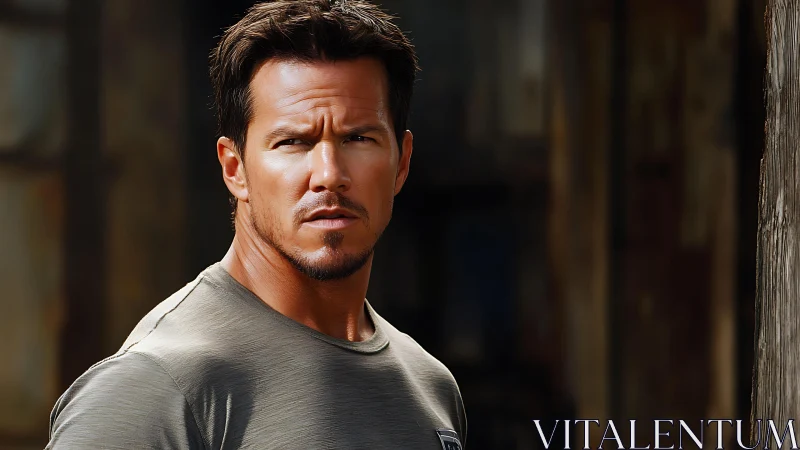 Thoughtful man in sunlight with rugged outdoor backdrop.