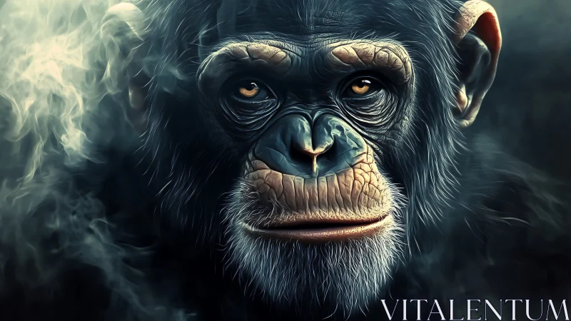 Primate portrait glows with hyperreal smoky atmosphere.