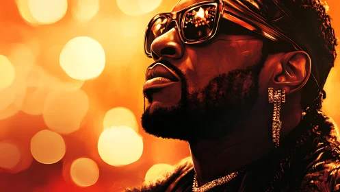 Stylized portrait of man in sunglasses with warm bokeh lights.