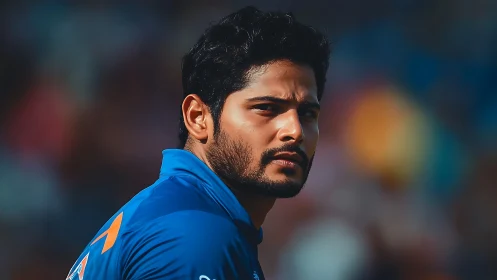 Calm cricketer gazes ahead with steady focus and resolve