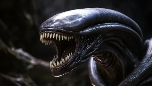 Feral alien predator lunges forward with rows of lethal teeth.