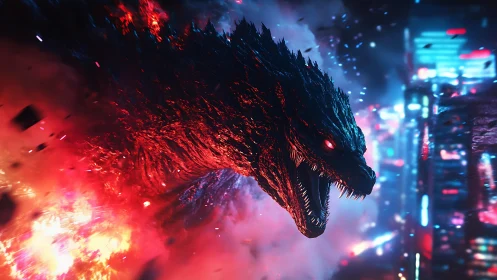 Roaring neon dragon storms through a blazing cyber city.