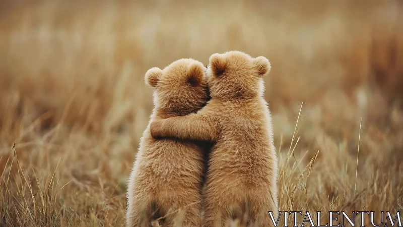 Two bear cubs hugging in a golden grassy field outdoors.