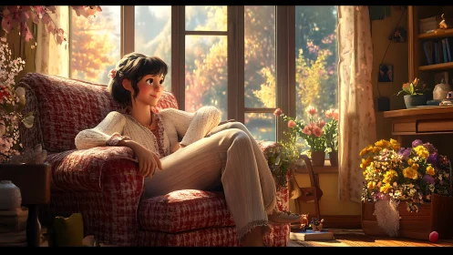 Woman relaxes in sunlit floral studio, warm autumn glow.
