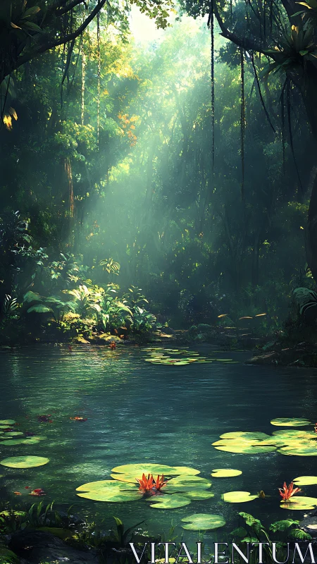 Sunlit jungle pond with lily pads and dense foliage.