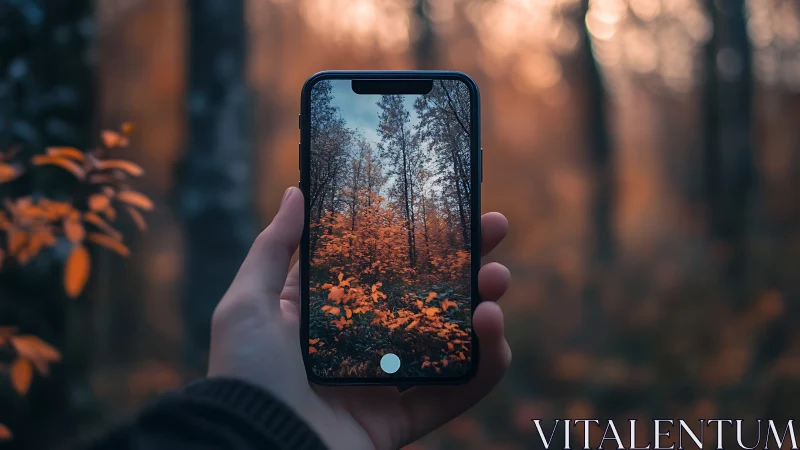 Photorealistic autumn forest framed through smartphone screen.