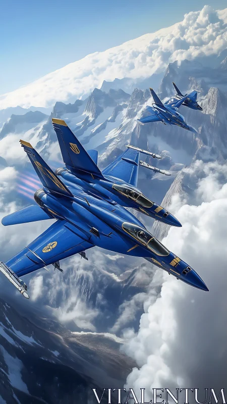 Blue jet squadron performs tight formation over peaks