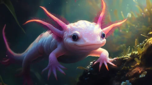 Bioluminescent axolotl rendered in high-fidelity aquatic lighting.