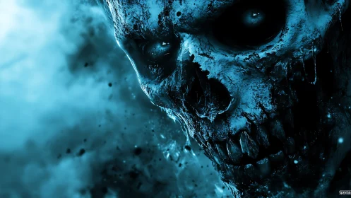 Bleached spectral skull emerging through cyan particle storm.