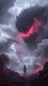 Silhouette observing large red-lit cloud entity overhead.