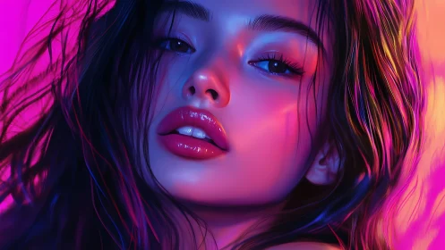 Neon-lit portrait showcases glossy lips and vivid gradients.